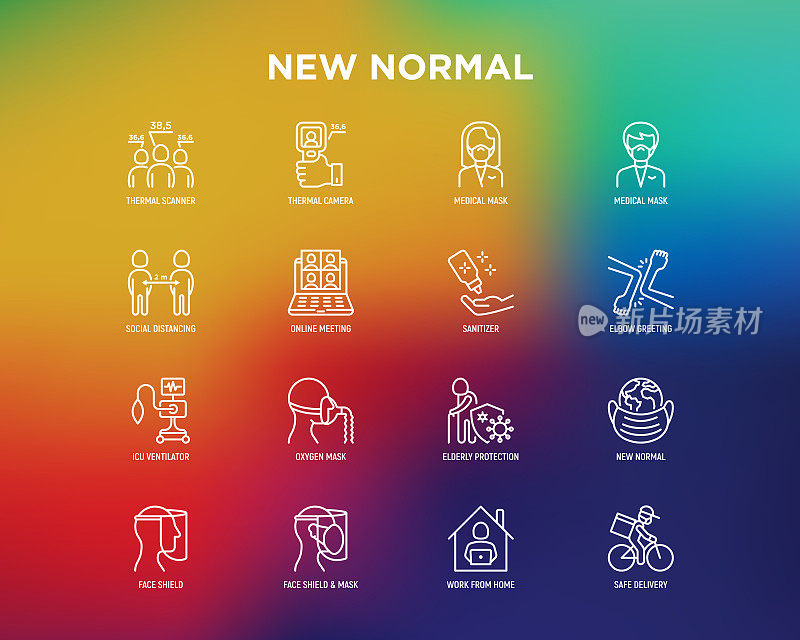 New normal thin line icons set: thermal camera, surgical mask, social distancing, online meeting, elbow greeting, ICU ventilator, oxygen mask, protection of elderly. Coronavirus. Vector illustration.